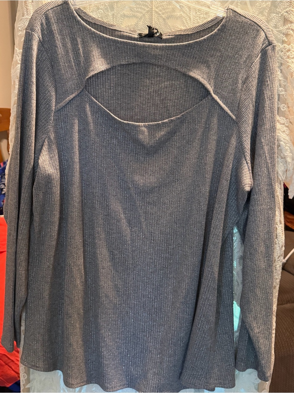 Studio Y Metallic Ribbed Long-Sleeve Cutout Top - Gray